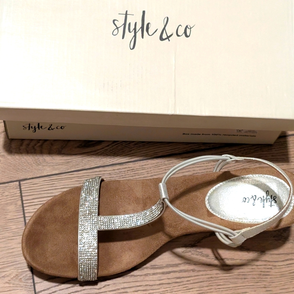 Style & Co Womens 12 Silver Tan Wedge Heel T Strap Sandals Shoes NEW NIB - Picture 2 of 8